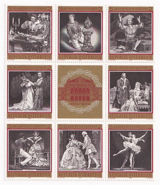 Khối 8 Tem Bưu Chính Áo - Kỷ Niệm 100 Năm Nhà Hát Opera Vienna | Austria - The 100th Anniversary of the Vienna State Opera 1969 (8) | Mint