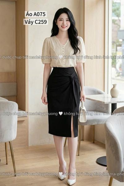 CV chân váy vạt dài lệch xếp ly dài 64cm