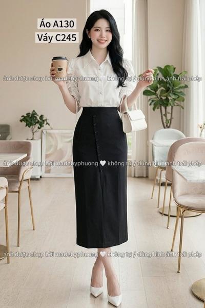 CV chân váy viền túi giả khuy dọc lệch dài 82cm