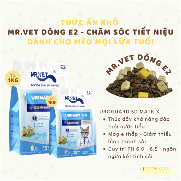 Hạt Mr.Vet E2 chăm sóc tiết niệu dành cho mèo trưởng thành 1kg