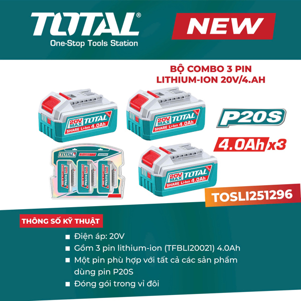 Bộ Combo 3 Pin Li 20V/4.Ah TOTAL TOSLI251296