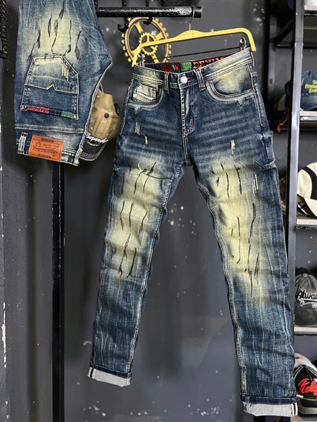 Jean Dài QCSC- SKN3 slimfit xanh was thêu sơn vẽ ngẫu hứng