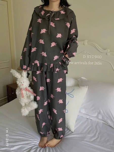 (nâu chú voi) Bộ mặc nhà mùa xuân hè DSTUDIO cotton muslin viền bèo họa tiết D2619