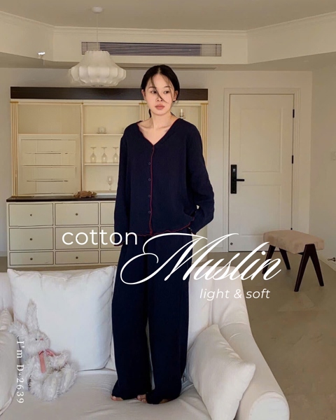 (xanh) Bộ mặc nhà xuân hè DSTUDIO cổ V xô nhăn cotton muslin nơ sau D2639