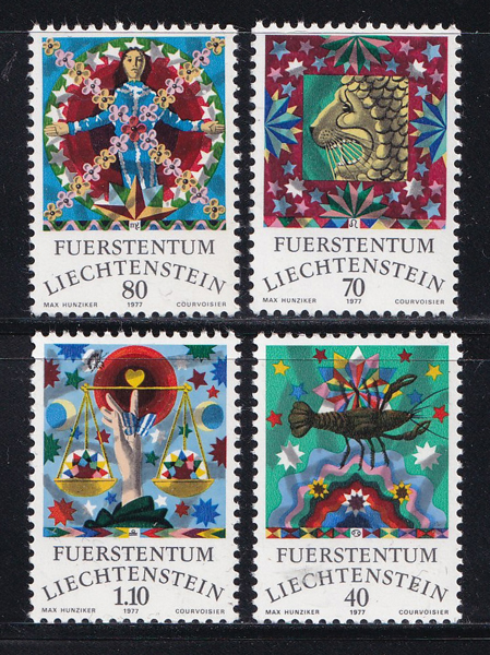 Bộ 4 Tem Bưu Chính Liechtenstein - Cung Hoàng Đạo P2 | Liechtenstein - Zodiac Signs II (Art by Max Hunziker) 1977 (4) | Mint