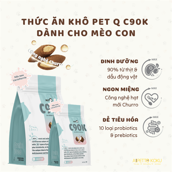 Hạt Pet Q C90K nhân sữa dành cho mèo con 50gr/1kg