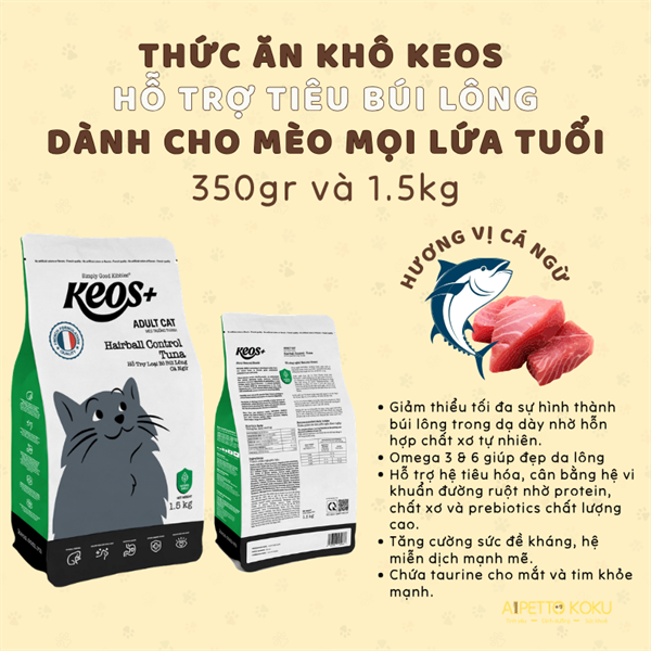 Hạt Keos Plus hỗ trợ loại bỏ búi lông vị cá ngừ dành cho mèo trưởng thành 350gr/1.5kg