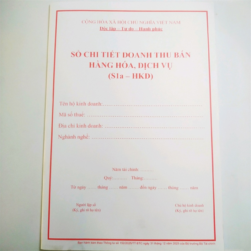 Sổ doanh thu S1A - HKD dưới 500 triệu (nhóm 1)