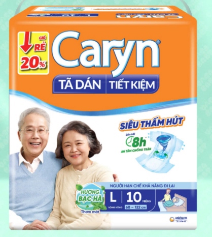 Bỉm Caryn L (màu vàng) (Tã dán tiết kiệm siêu thấm hút 8 giờ) (Bịch 10 miếng) - Diana