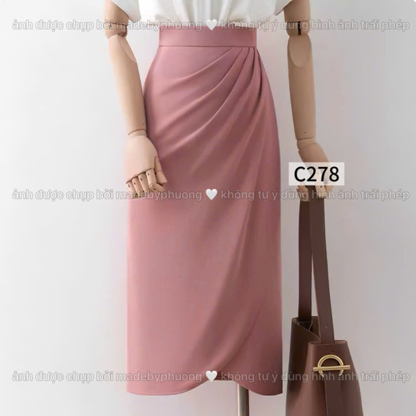 C278 Cv chân váy xếp ly lệch vạt chéo dài 76-78cm