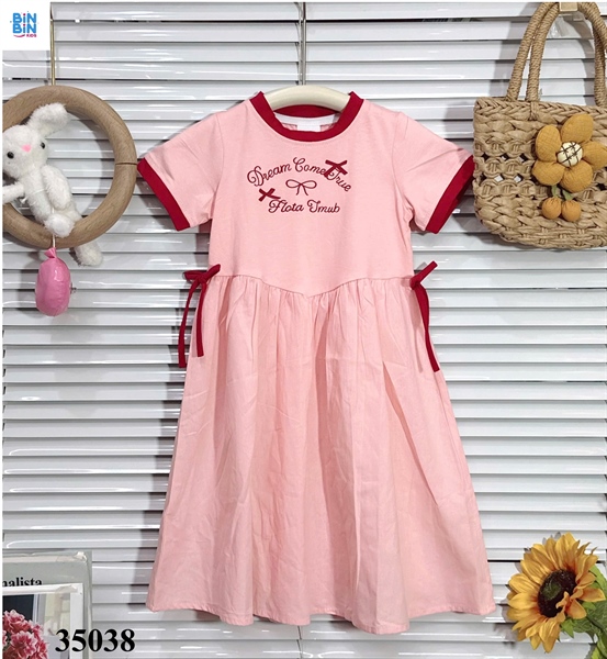 35038-Đầm hồng nơ thắt eo