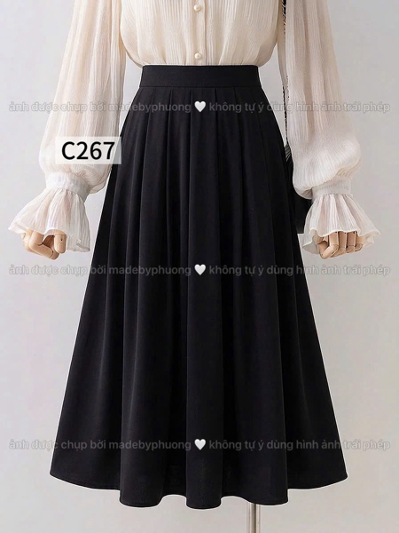 C267 CV chân váy ly đuổi màu đen dài 72cm , có chun lưng