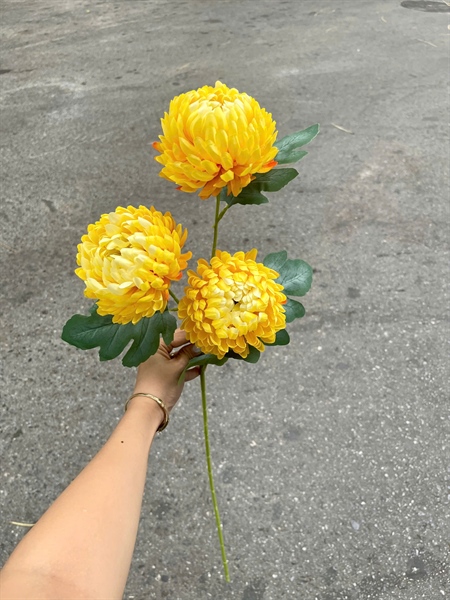 Cúc mẫu đơn 3b - vàng - Hoa cành dài - Hoa Lụa Vân Vượng