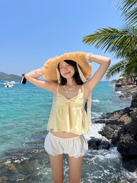 AREUM Áo babydoll hai dây SUNNY TOP vải cotton sọc - VÀNG SỌC - M