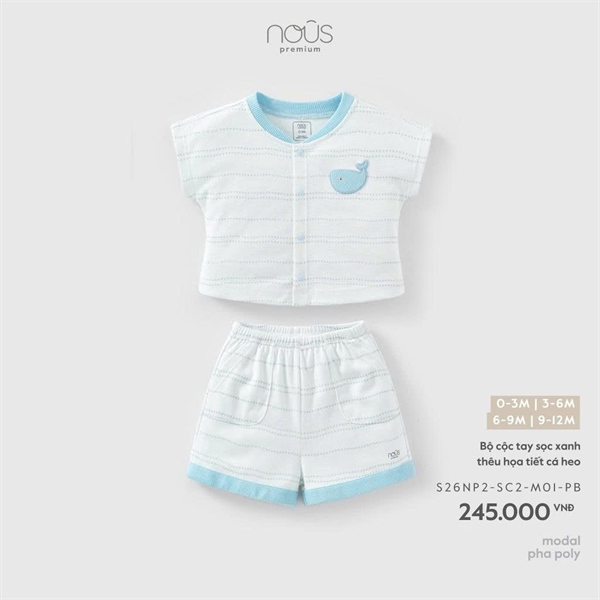 Nous Bộ cộc tay sọc xanh thêu họa tiết cá heo 6-9m