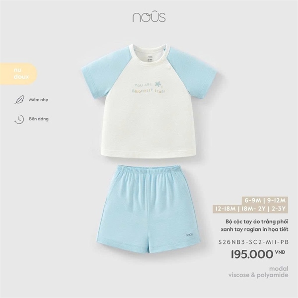 Nous Bộ cộc tay áo trắng phối xanh tay ragian in họa tiết 2-3Y