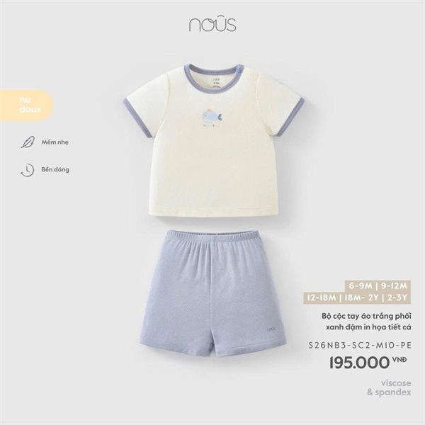 Nous Bộ cộc tay áo trắng phối xanh đậm in họa tiết cá 9-12m