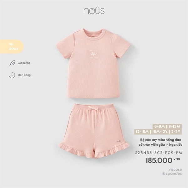 Nous Bộ cộc tay màu hồng đào cổ tròn viền gấu in họa tiết 18-24m