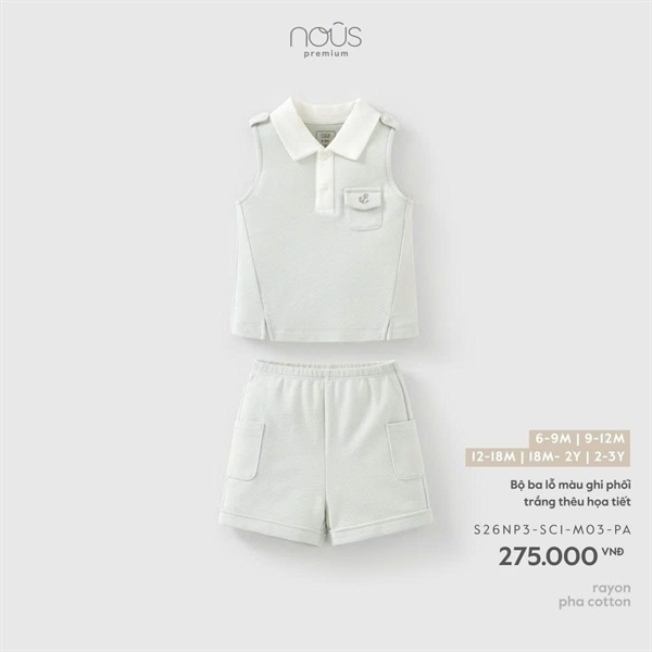 Nous Bộ ba lỗ màu ghi phối trắng thêu họa tiết 18-24m