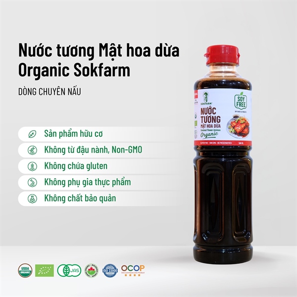 Nước tương mật hoa dừa Organic Sokfarm 500ml - Dòng nguyên bản