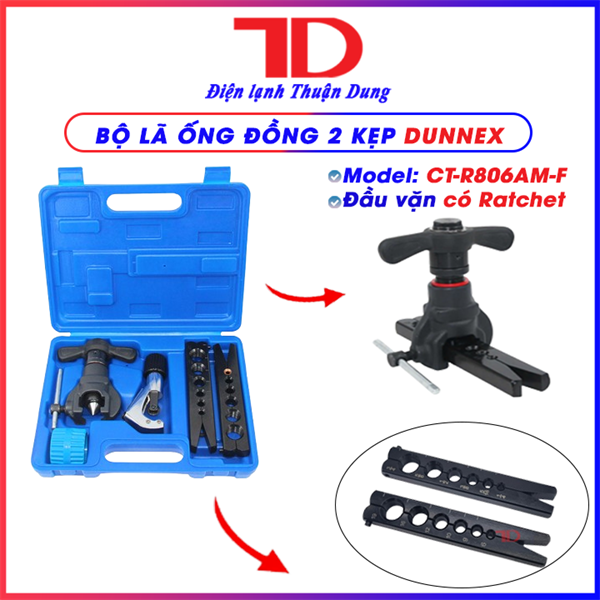 Bộ Loe Ống Đồng lệch tâm 2 Kẹp Dunnex CT-R806AM-F, lắc tay, đầu vặn có Ratchet, kèm dao cắt CT-274, dao nạo bavia CT-208, hộp nhựa (thùng 10 bộ)