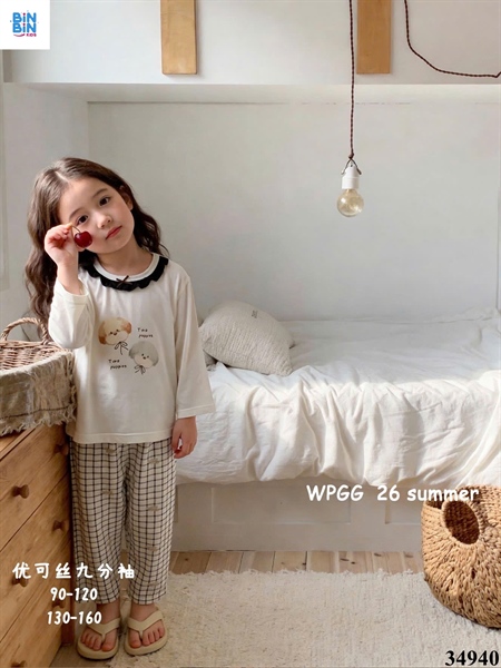 34940-Bộ tencel TD 2 chú cún cột nơ cổ bèo