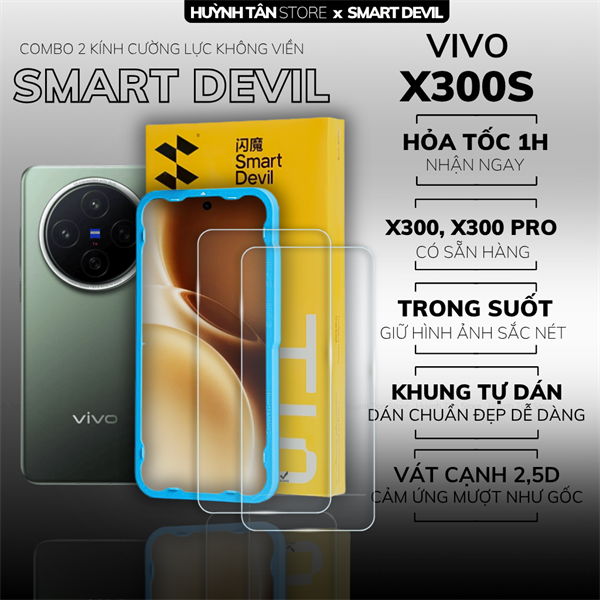 COMBO 2 KÍNH CƯỜNG LỰC VIVO X300S trong suốt dán màn hình kèm khung tự dán chính hãng Smart Devil