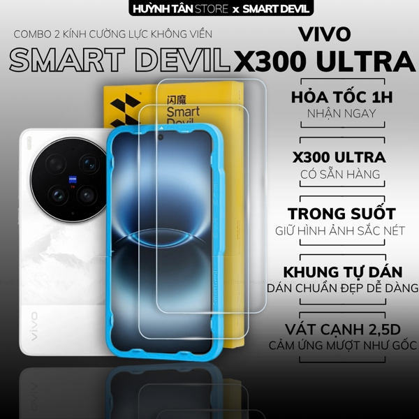 COMBO 2 KÍNH CƯỜNG LỰC VIVO X300 ULTRA trong suốt dán màn hình kèm khung tự dán chính hãng Smart Devil