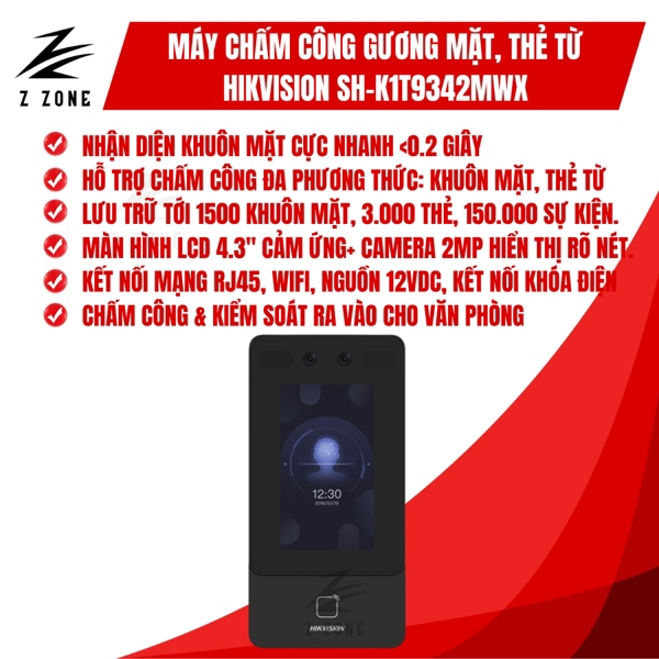 Máy Chấm Công Gương Mặt Hikvision SH-K1T9342MWX Wifi, Vân Tay, Thẻ Từ