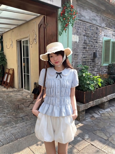 [T] Áo sơ mi chấm bi cổ sen chun thân