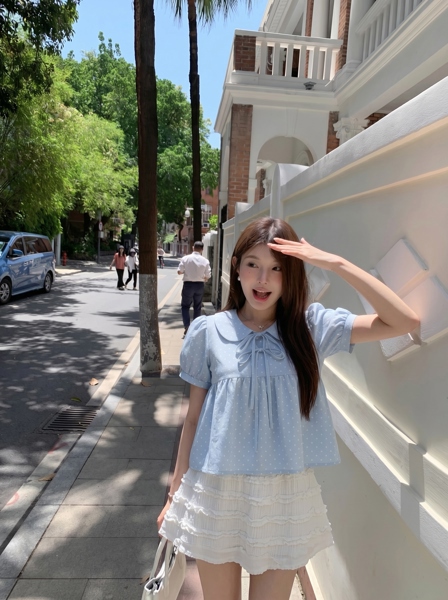 [T] Áo sơ mi babydoll chấm bi tay bồng