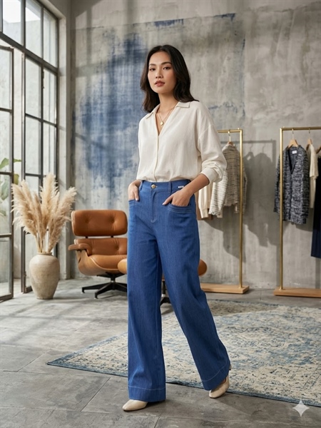 QUẦN BÒ MỀM ỐNG RỘNG XANH ĐẬM S