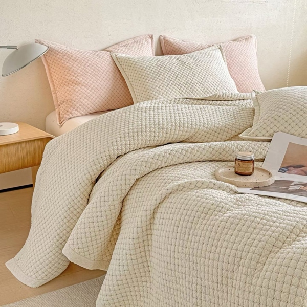 Bộ ga chần 3 món "Vân sợi" | Linen Cotton - Chần quả trám - Màu kem