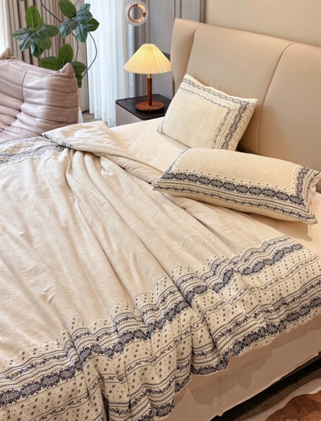 Bộ ga "Bức tranh hoa" | Linen Cotton dệt jacquard - Cây leo nhí, viền xanh - DS04