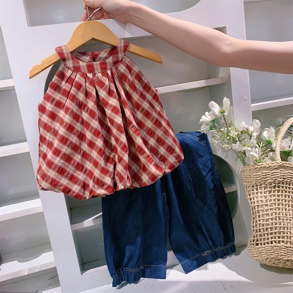 Set BG caro bí phối quần jeans giấy cute (5-13)