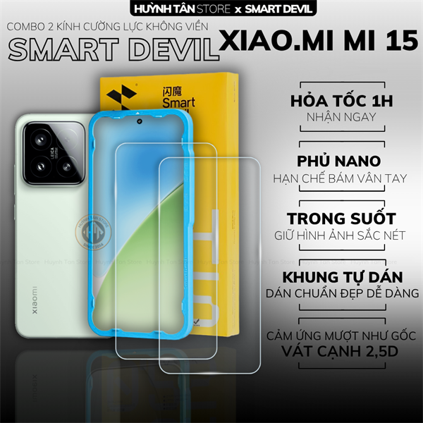COMBO 2 KÍNH CƯỜNG LỰC XIAOMI 15 trong suốt dán màn hình kèm khung tự dán chính hãng Smart Devil