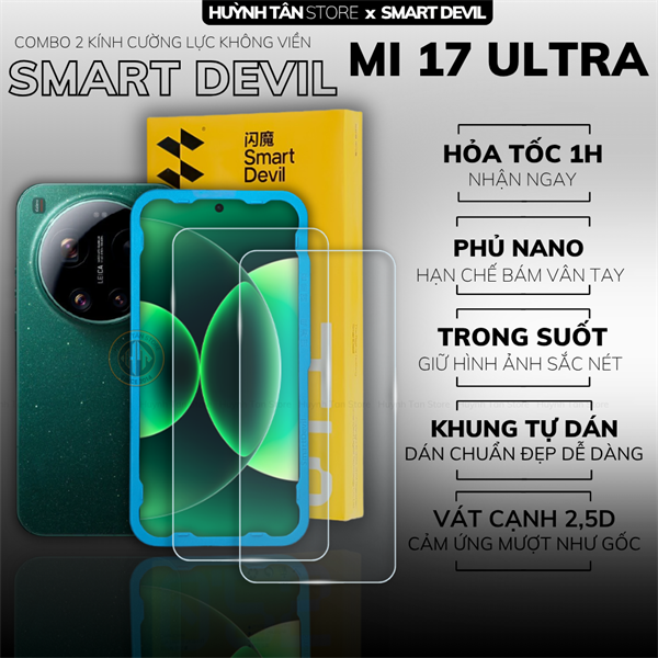 COMBO 2 KÍNH CƯỜNG LỰC XIAOMI 17 ULTRA trong suốt dán màn hình kèm khung tự dán chính hãng Smart Devil