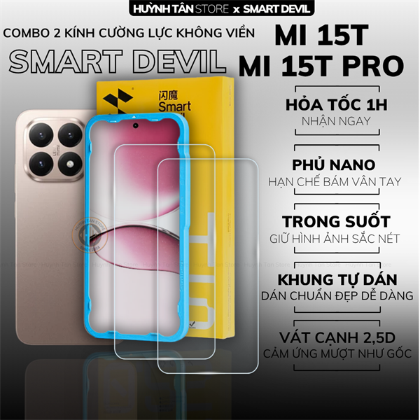 COMBO 2 KÍNH CƯỜNG LỰC XIAOMI 15T / 15T PRO trong suốt dán màn hình kèm khung tự dán chính hãng Smart Devil