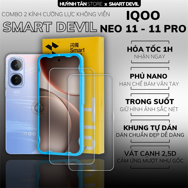 COMBO 2 KÍNH CƯỜNG LỰC IQOO NEO 11 / 11 PRO trong suốt dán màn hình kèm khung tự dán chính hãng Smart Devil