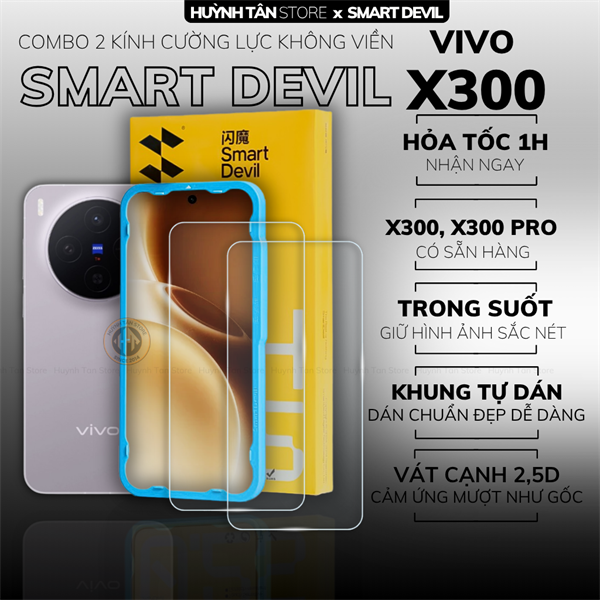 COMBO 2 KÍNH CƯỜNG LỰC VIVO X300 trong suốt dán màn hình kèm khung tự dán chính hãng Smart Devil