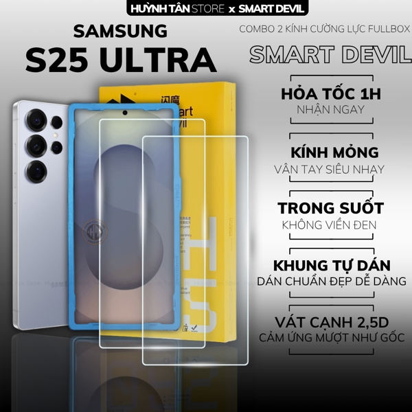 COMBO 2 KÍNH CƯỜNG LỰC SAMSUNG S25 ULTRA trong suốt dán màn hình kèm khung tự dán chính hãng Smart Devil