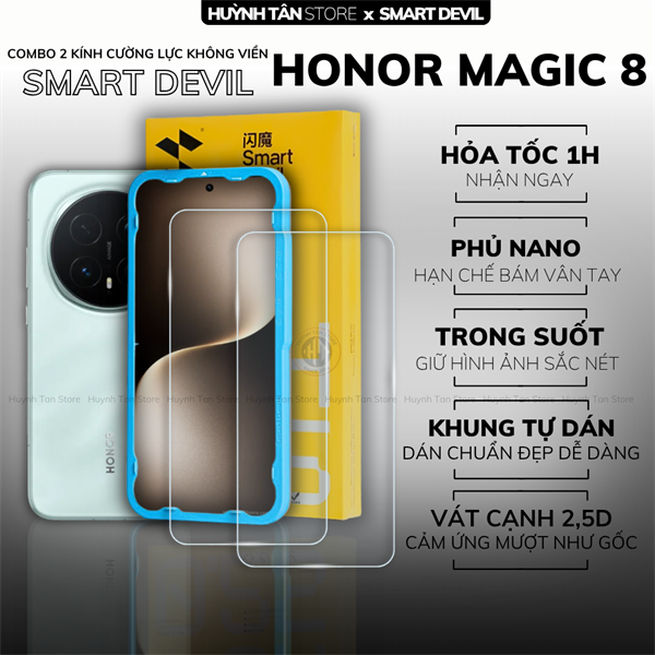 COMBO 2 KÍNH CƯỜNG LỰC HONOR MAGIC 8 trong suốt dán màn hình kèm khung tự dán chính hãng Smart Devil