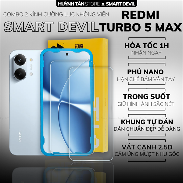COMBO 2 KÍNH CƯỜNG LỰC REDMI TURBO 5 MAX trong suốt dán màn hình kèm khung tự dán chính hãng Smart Devil
