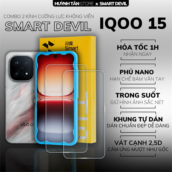COMBO 2 KÍNH CƯỜNG LỰC IQOO 15 trong suốt dán màn hình kèm khung tự dán chính hãng Smart Devil