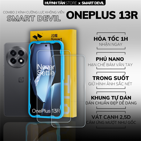COMBO 2 KÍNH CƯỜNG LỰC ONEPLUS 13R trong suốt dán màn hình kèm khung tự dán chính hãng Smart Devil