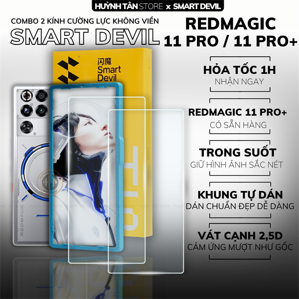 COMBO 2 KÍNH CƯỜNG LỰC REDMAGIC 11 PRO PLUS trong suốt dán màn hình kèm khung tự dán chính hãng Smart Devil