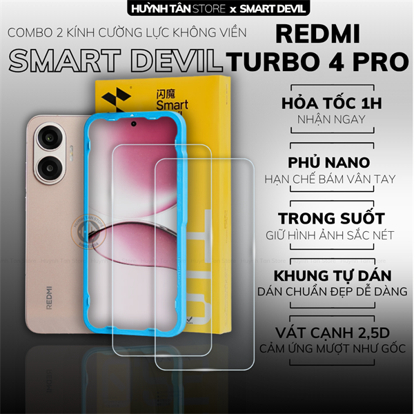 COMBO 2 KÍNH CƯỜNG LỰC REDMI TURBO 4 PRO trong suốt dán màn hình kèm khung tự dán chính hãng Smart Devil