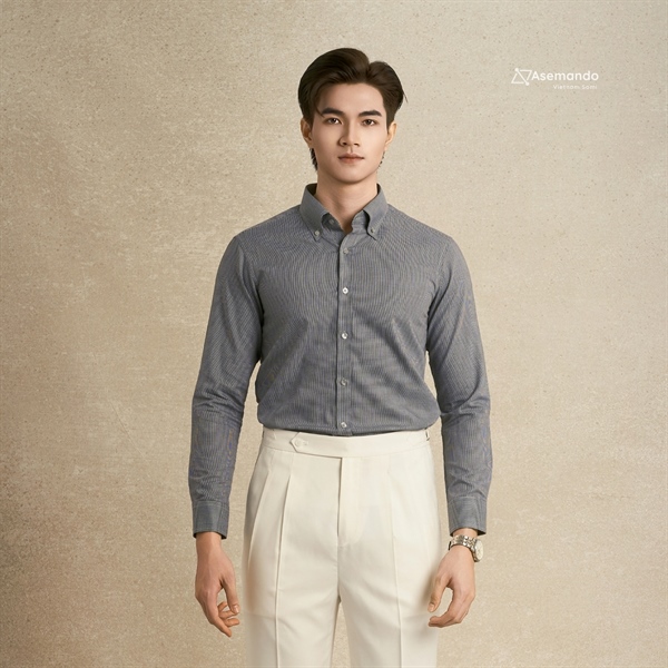 Buttondown Caro đen nhí Minihoundstooth Áo sơ mi nam dài tay vải Cottonsilk chính hãng Asemando