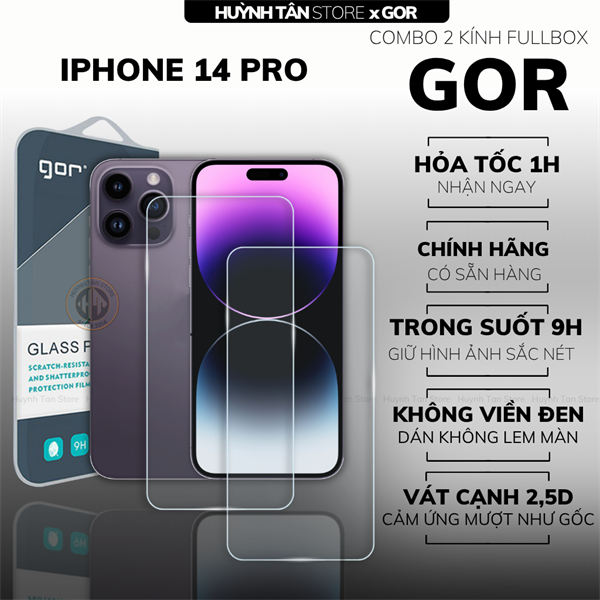 COMBO 2 KÍNH CƯỜNG LỰC IPHONE 14 PRO TRONG SUỐT CHÍNH HÃNG GOR