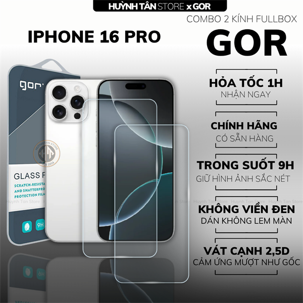 COMBO 2 KÍNH CƯỜNG LỰC IPHONE 16 PRO TRONG SUỐT CHÍNH HÃNG GOR